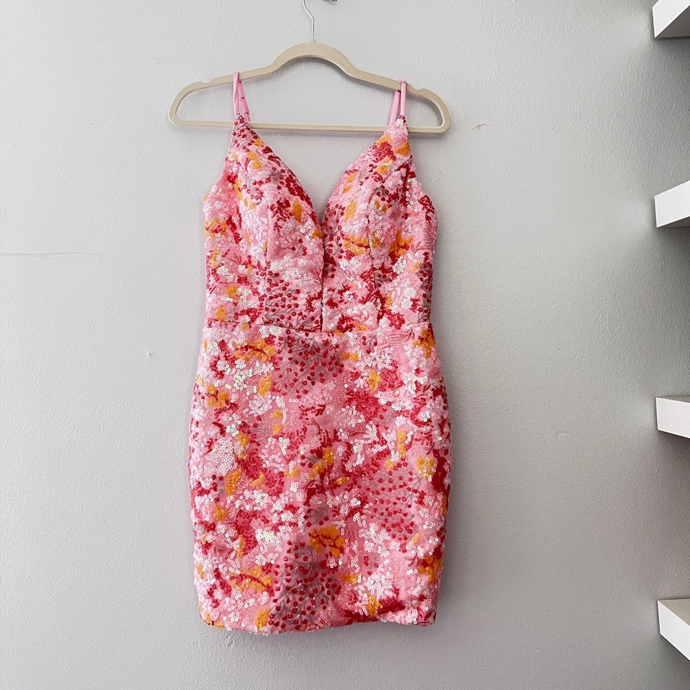 Milly Bridal Handmade Sequin Floral Mini Dress in Pink and Orange size sm/med